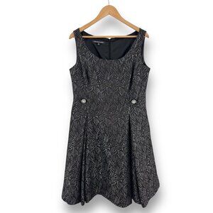 Size 14 BLACK/SILVER JACQUARD FIT & FLARE‎ DRESS W/POCKETS Wedding Evening Party